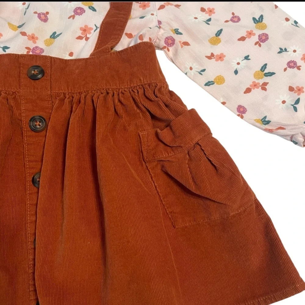 Cat & Jack Floral Top with A Rusty Brown Corduroy Suspender Skirt